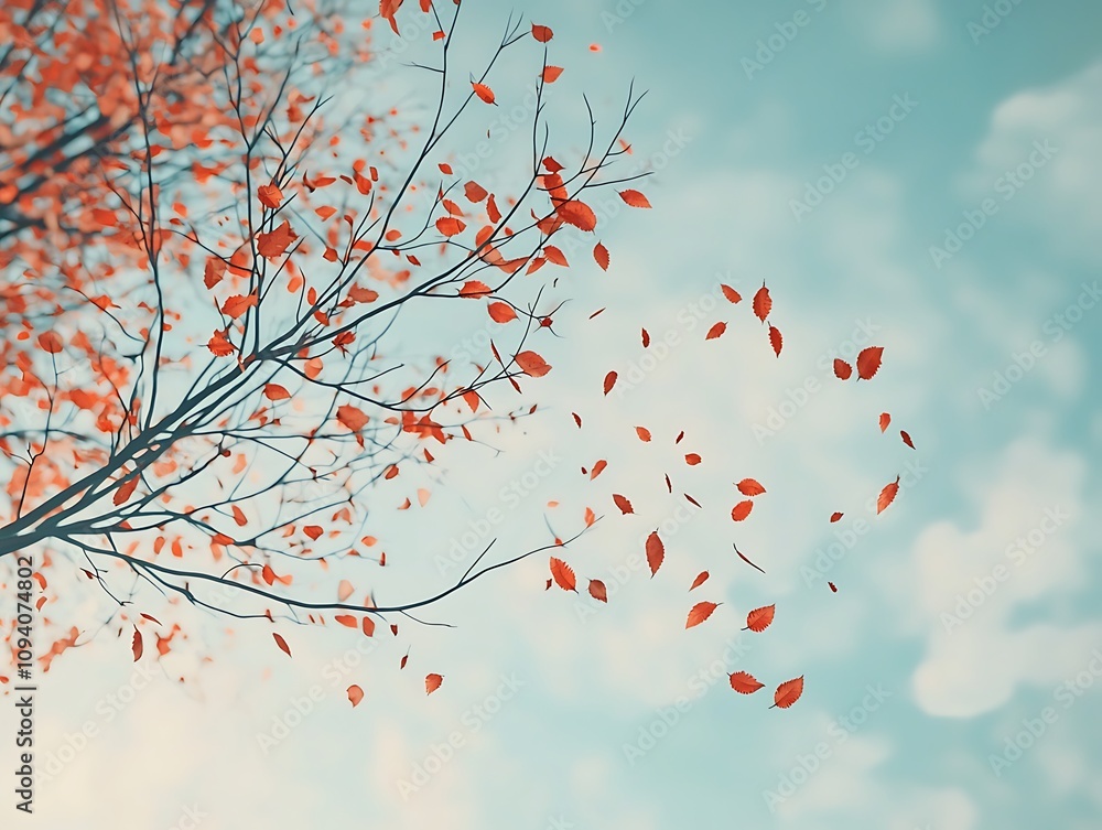 A serene autumn scene with red leaves gently floating from a tree against a soft blue sky. A serene autumn scene with red leaves gently floating from a tree against a soft blue sky.