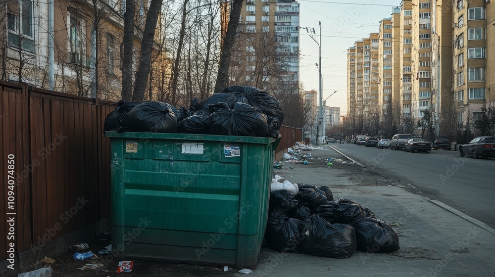 46.A large green rubbish container filled with black plastic garbage bags sits in a residential area in Astana, Kazakhstan. The container is positioned on the sidewalk, with bags overflowing and 46.A large green rubbish container filled with black plastic garbage bags sits in a residential area in Astana, Kazakhstan. The container is positioned on the sidewalk, with bags overflowing and
