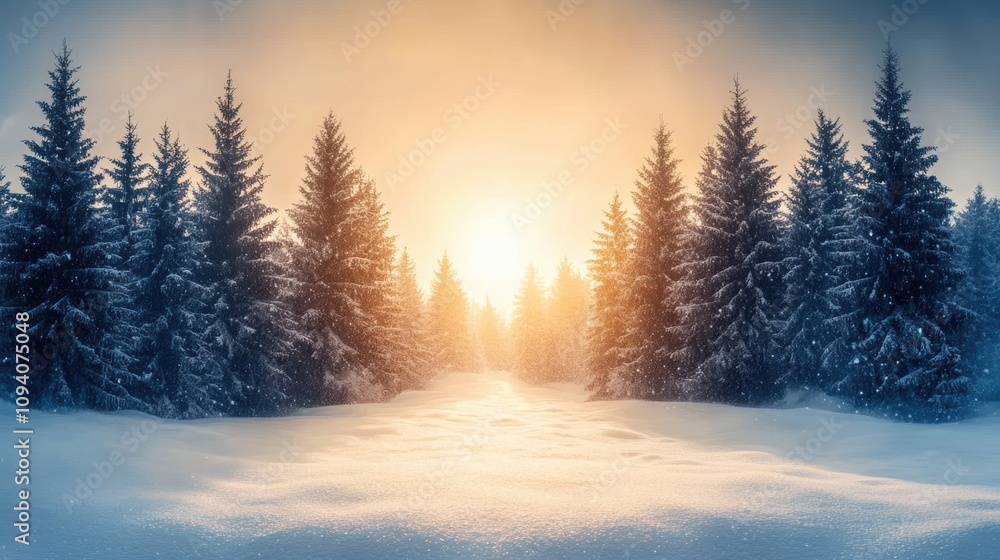 A magical winter wonderland with snow falling gently over fir trees, designed as a Merry Christmas and Happy New Year greeting card with ample space for holiday wishes A magical winter wonderland with snow falling gently over fir trees, designed as a Merry Christmas and Happy New Year greeting card with ample space for holiday wishes