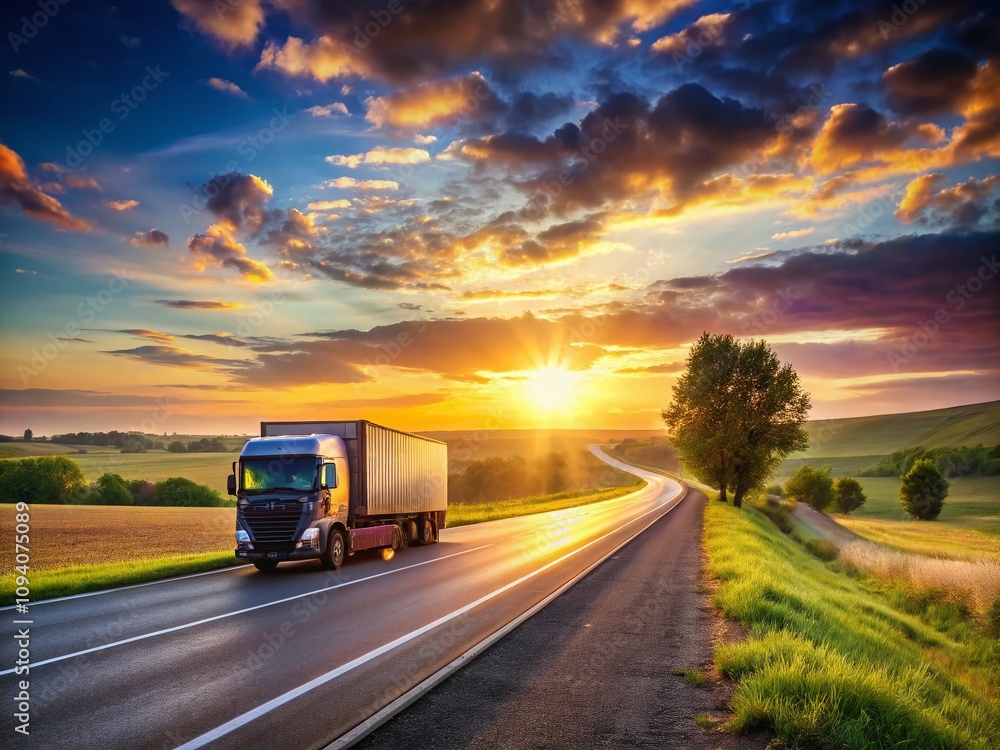Truck Departing Towards the Horizon on an Asphalt Road in Rural Countryside at Sunset with Bokeh Effect, Evoking a Sense of Freedom and Adventure in Nature's Beauty Truck Departing Towards the Horizon on an Asphalt Road in Rural Countryside at Sunset with Bokeh Effect, Evoking a Sense of Freedom and Adventure in Nature's Beauty