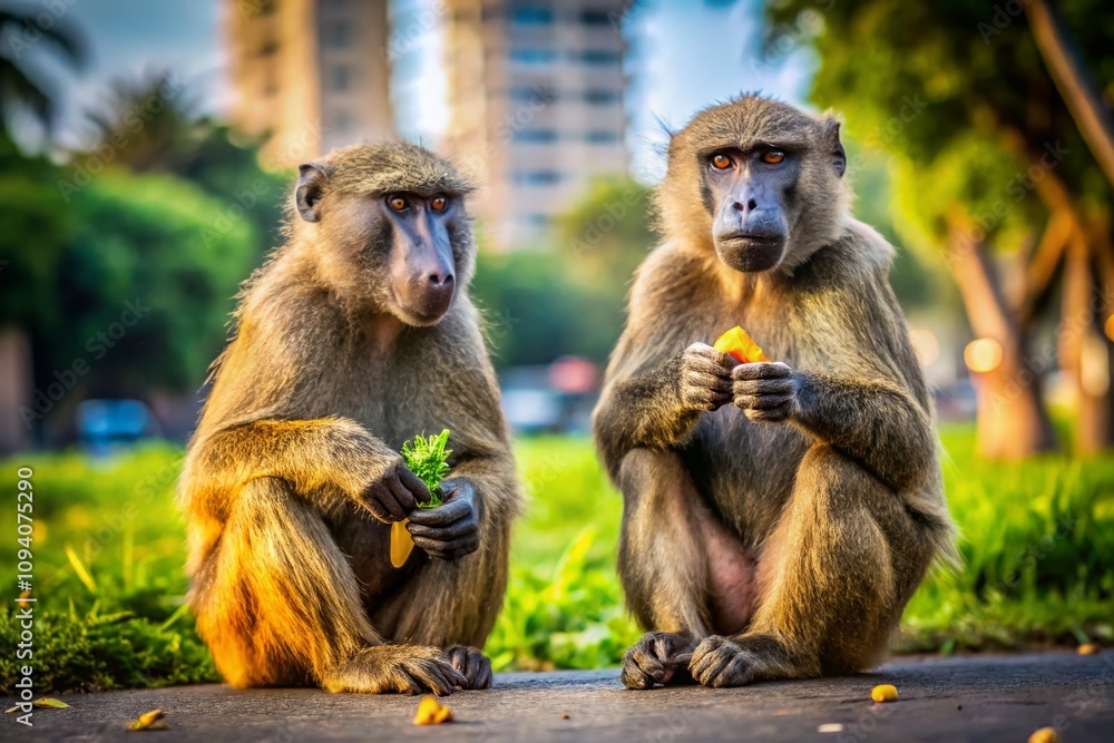 Two Baboons Eating on the Ground in Their Natural Habitat, Capturing the Essence of Wildlife and Primate Behavior in Urban Exploration Photography Two Baboons Eating on the Ground in Their Natural Habitat, Capturing the Essence of Wildlife and Primate Behavior in Urban Exploration Photography