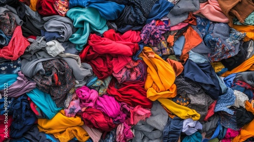 54.A chaotic pile of used clothes, fabrics, and garment scraps, spilling out onto the ground. The large mass of textile waste demonstrates the environmental damage caused by the fashion industry,