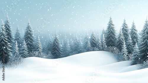 A winter background with a snowy landscape, featuring fir trees covered in frost, and a blank space for text to create a Merry Christmas and Happy New Year greeting card 