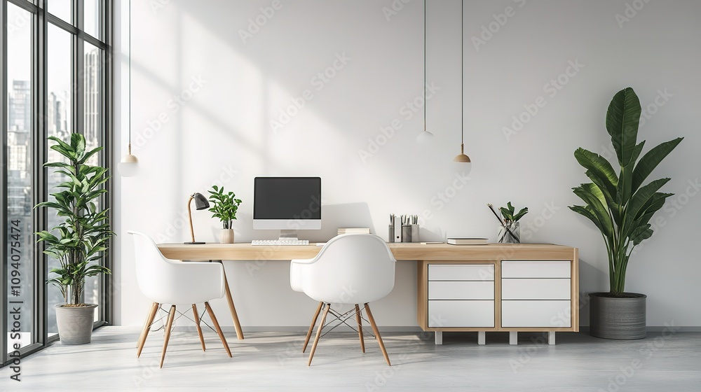 A modern office space with a large window and a potted plant A modern office space with a large window and a potted plant