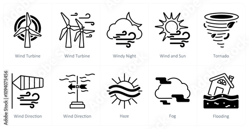 A set of 10 weather icons as wind turbine, windy night, wind and sun