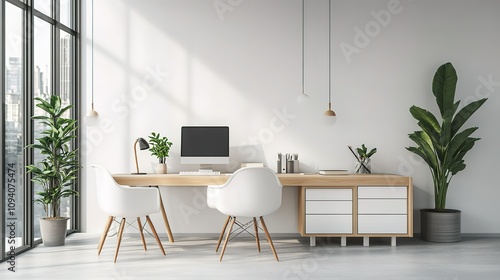 A modern office space with a large window and a potted plant