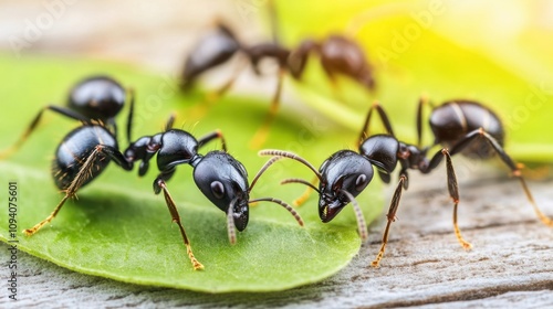 Close-Up View of Black Ants Interacting on Green Leaves Under Natural Light, Capturing Their Intricate Details and Unique Behavior in a Macro Environment