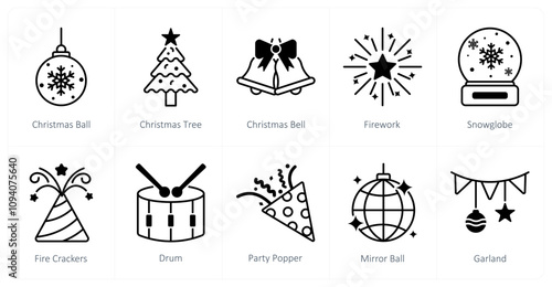 A set of 10 christmas icons as christmas ball, christmas tree, christmas bell