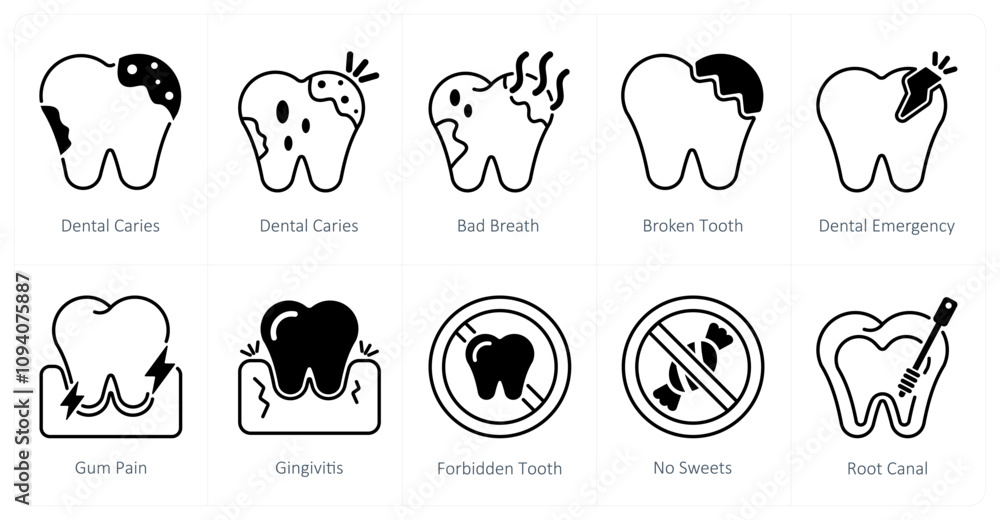 Fototapeta premium A set of 10 dental care icons as dental caries, bad breath, broken tooth