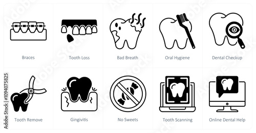 A set of 10 dental care icons as braces, tooth loss, bad breath