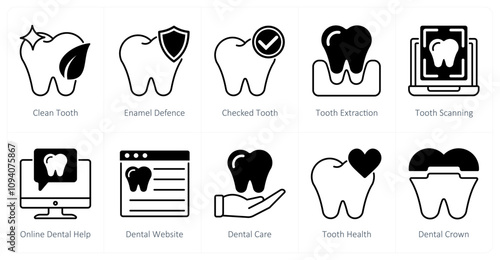 A set of 10 dental care icons as clean tooth, enemel defence, checked tooth