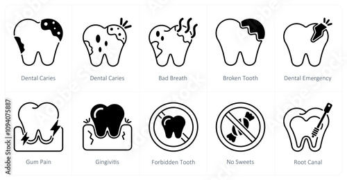 A set of 10 dental care icons as dental caries, bad breath, broken tooth