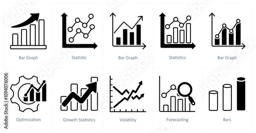 A set of 10 diagram icons as bar graph, statistic, bar graph