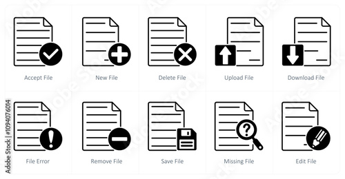 A set of 10 files icons as accept file, new file, delete file