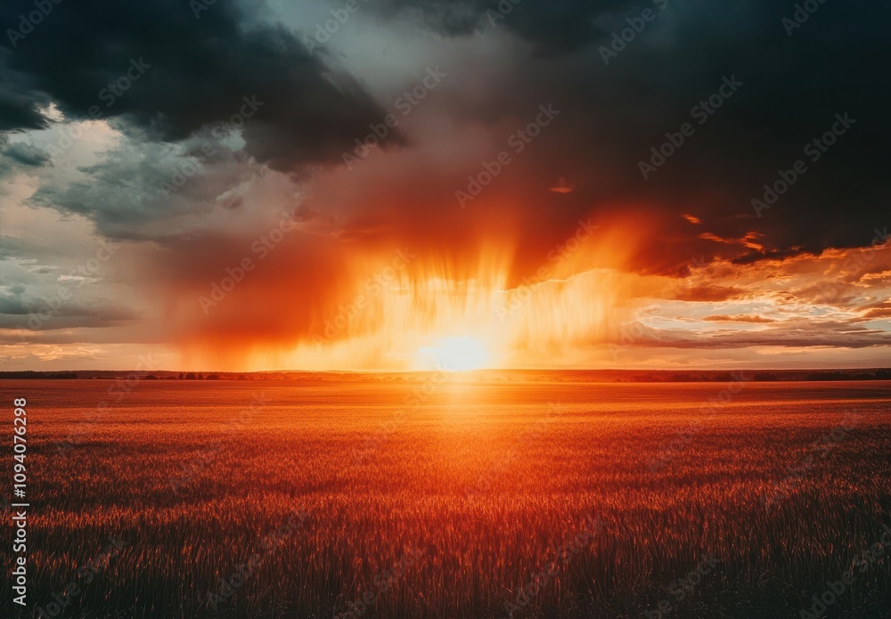 Majestic Sunset Over Golden Field with Dramatic Clouds and Rain Showers in the Distance, Highlighting Nature's Spectacular Beauty and Atmospheric Conditions Majestic Sunset Over Golden Field with Dramatic Clouds and Rain Showers in the Distance, Highlighting Nature's Spectacular Beauty and Atmospheric Conditions