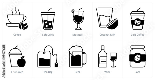 A set of 10 food and drink icons as coffee, soft drink, mocktail
