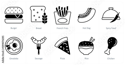 A set of 10 food and drink icons as burger, bread, french fries