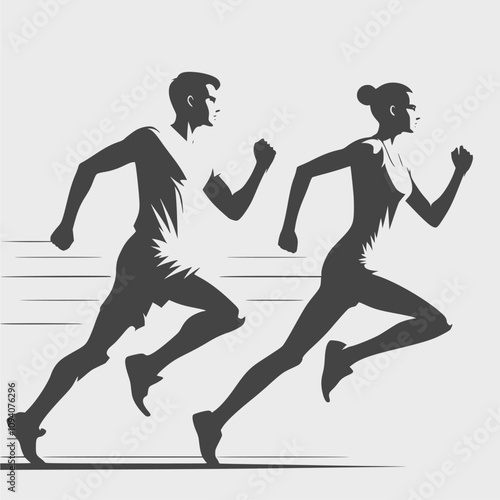 Running man and woman, isolated vector silhouettes. Run, side view. Silhouettes of athletic looking male and female runners running.