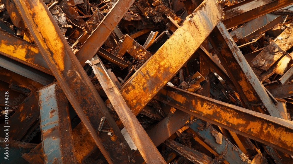81.A large pile of scrap metal at a construction site, ready for recycling. The heap includes various rusted steel beams, twisted metal rods, and industrial debris, representing responsible waste 81.A large pile of scrap metal at a construction site, ready for recycling. The heap includes various rusted steel beams, twisted metal rods, and industrial debris, representing responsible waste