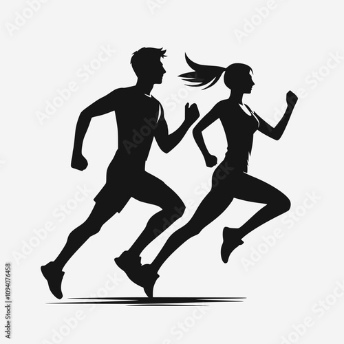 Running man and woman, isolated vector silhouettes. Run, side view. Silhouettes of athletic looking male and female runners running.
