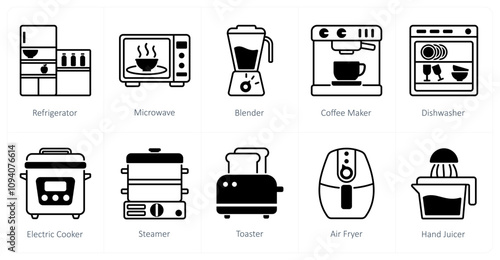 A set of 10 home appliances icons as refrigerator, microwave, blender