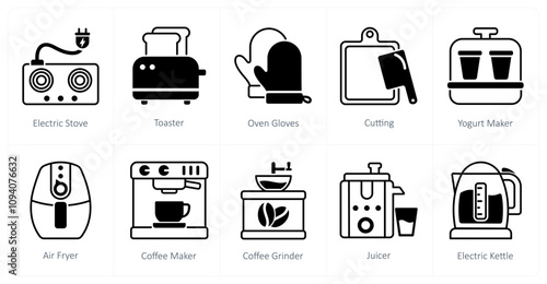 A set of 10 home appliances icons as electric stove, toaster, oven gloves