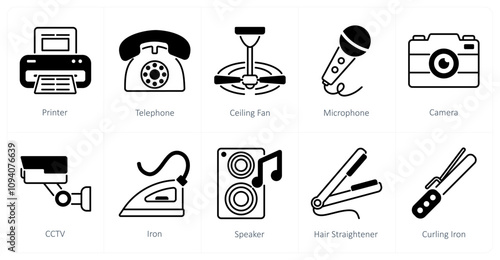 A set of 10 home appliances icons as printer, telephone, ceiling fan
