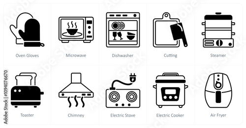 A set of 10 home appliances icons as oven gloves, microwave, dishwasher