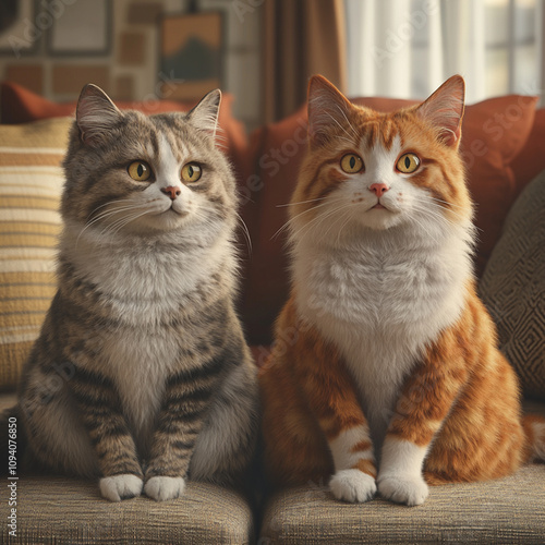 A Realistic Scene of a Male and Female Cat Sitting Together