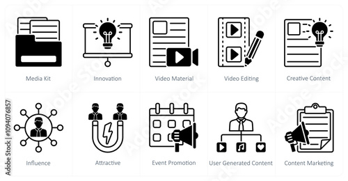 A set of 10 influencer icons as media kit, innovation, video material