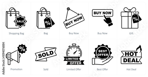A set of 10 offer icons as shopping bag, bag, buy now