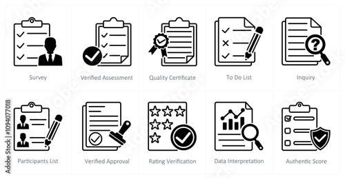 A set of 10 survey icons as survey, verified assessment, quality certificate