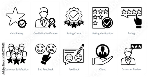 A set of 10 survey icons as valid rating, credibility verification, rating check