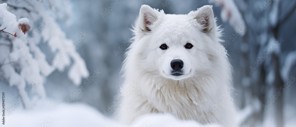 Fototapeta premium A beautiful white snow dog with black eyes and mouth, exuding a striking contrast against its snowy surroundings.
