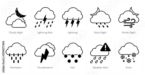 A set of 10 weather icons as cloudy night, lightning rain, lightning