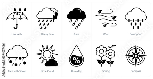 A set of 10 weather icons as umbrella, heavy rain, rain