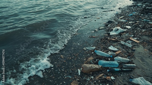 96.A polluted beach with plastic bottles, discarded face masks, and various debris scattered along the shoreline. The tide gently laps at the trash, symbolizing the growing problem of marine