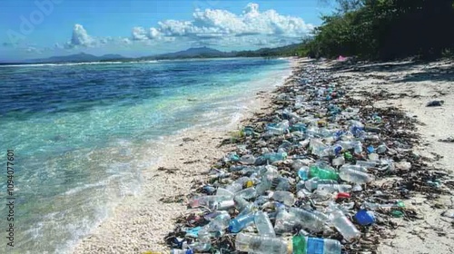 98.A stretch of beach littered with plastic bottles, face masks, and other trash, with the blue ocean in the distance. The image draws attention to the pollution crisis affecting marine life and the