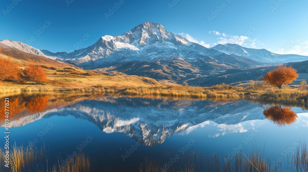 Stunning Autumn Mountain Landscape with Reflections in Calm Lake, Vibrant Fall Colors, Clear Blue Sky, Majestic Snow-Capped Peaks, Peaceful Nature Scene Stunning Autumn Mountain Landscape with Reflections in Calm Lake, Vibrant Fall Colors, Clear Blue Sky, Majestic Snow-Capped Peaks, Peaceful Nature Scene
