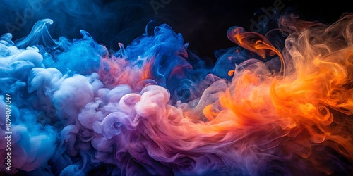 Abstract swirling vibrant colors of blue, orange, and purple smoke