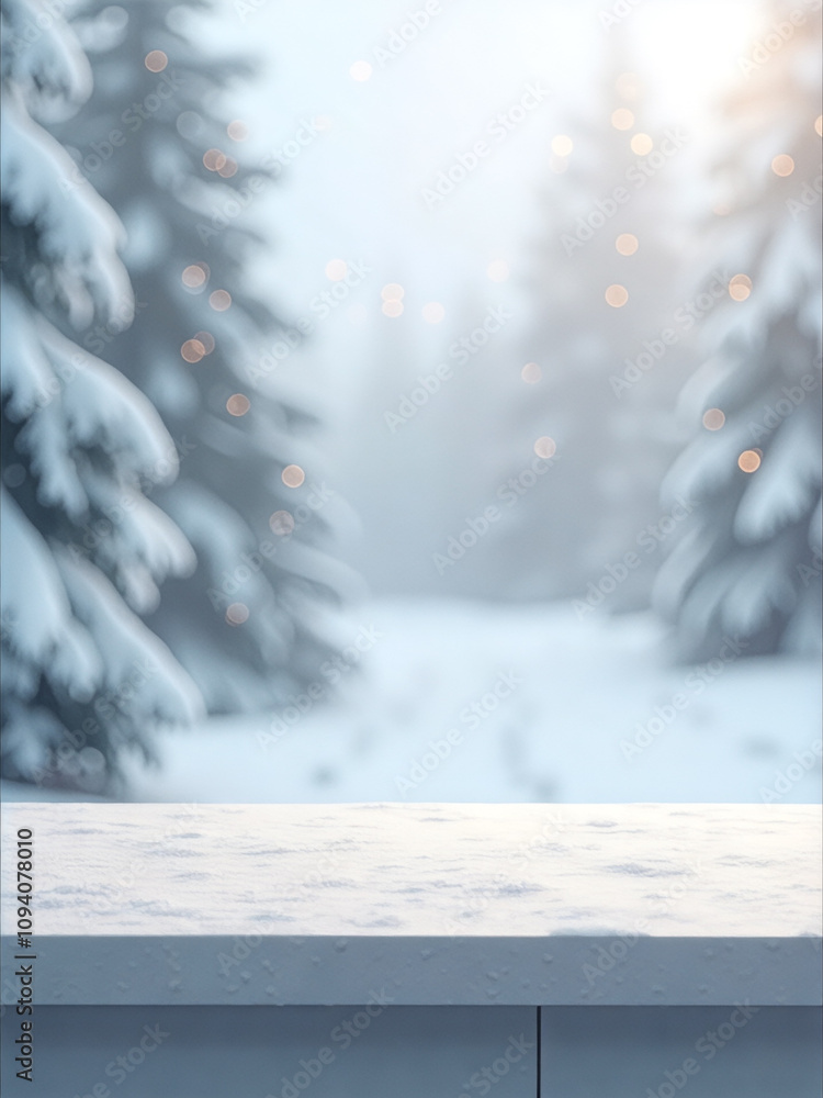 Fototapeta premium Snowy forest with a white bench in the foreground
