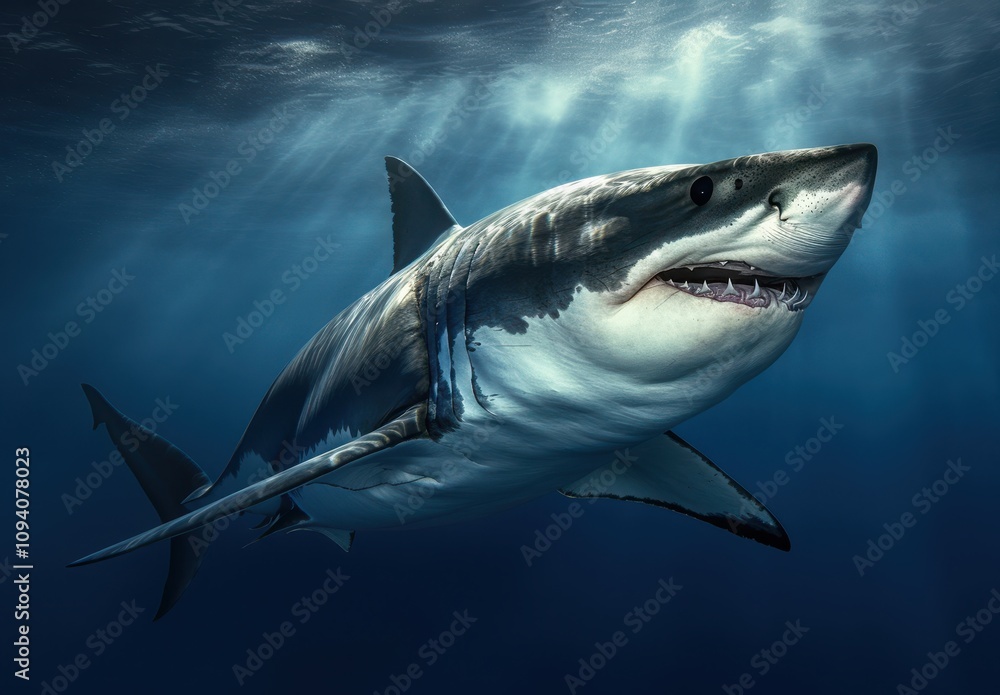 Stunning Underwater View of a Great Shark Swimming Gracefully Through Crystal Clear Ocean Water, Capturing Nature's Power and Beauty in Marine Life Stunning Underwater View of a Great Shark Swimming Gracefully Through Crystal Clear Ocean Water, Capturing Nature's Power and Beauty in Marine Life