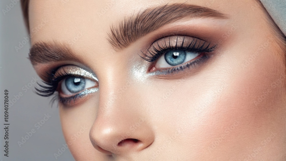 Featuring a mesmerizing ice blue gaze this portrait captures the essence of ethereal beauty. The eyes are adorned with light silver highlights and soft lashes set against a faded Featuring a mesmerizing ice blue gaze this portrait captures the essence of ethereal beauty. The eyes are adorned with light silver highlights and soft lashes set against a faded