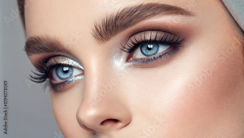 Featuring a mesmerizing ice blue gaze this portrait captures the essence of ethereal beauty. The eyes are adorned with light silver highlights and soft lashes set against a faded