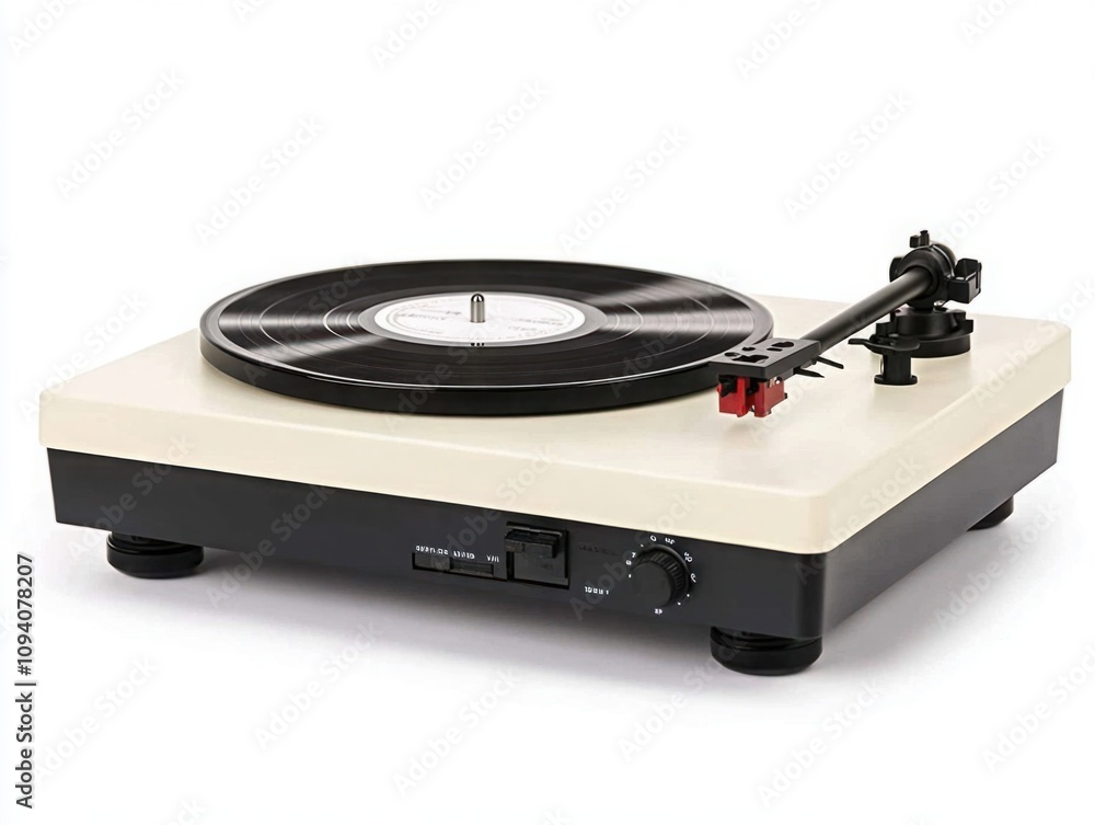 Fototapeta premium Vintage Vinyl Record Player on White Background Featuring Classic Turntable Design, Perfect for Music Lovers and Retro Decor Enthusiasts