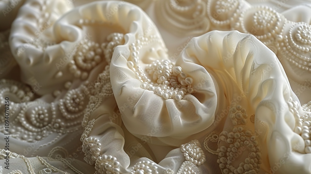 Delicate Pearl Embellishment on White Fabric: Closeup of a Wedding Dress Delicate Pearl Embellishment on White Fabric: Closeup of a Wedding Dress