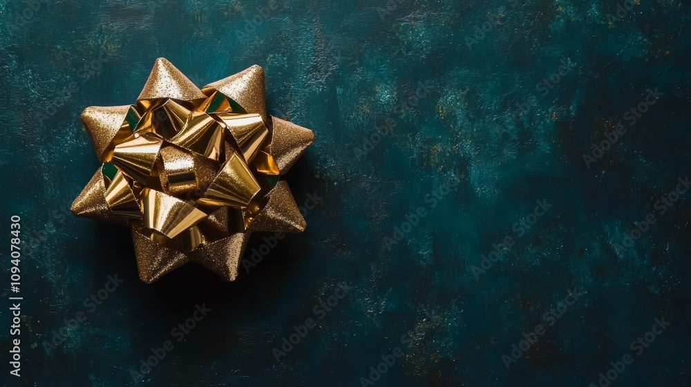 A shimmering gold bow elegantly placed on a rich blue background, perfect for adding a festive touch to Christmas decorations and gifts. A shimmering gold bow elegantly placed on a rich blue background, perfect for adding a festive touch to Christmas decorations and gifts.
