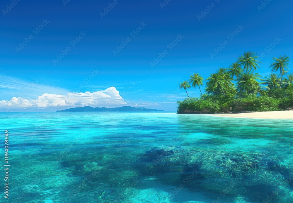 Fototapeta premium Tranquil Tropical Paradise with Clear Blue Waters, Lush Green Palm Trees, and Scenic White Sandy Beach in a Serene Ocean Environment