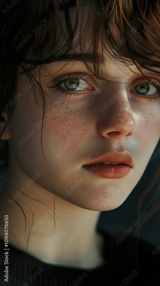 Close-up Portrait of a Young Woman with Green Eyes and Freckles Close-up Portrait of a Young Woman with Green Eyes and Freckles