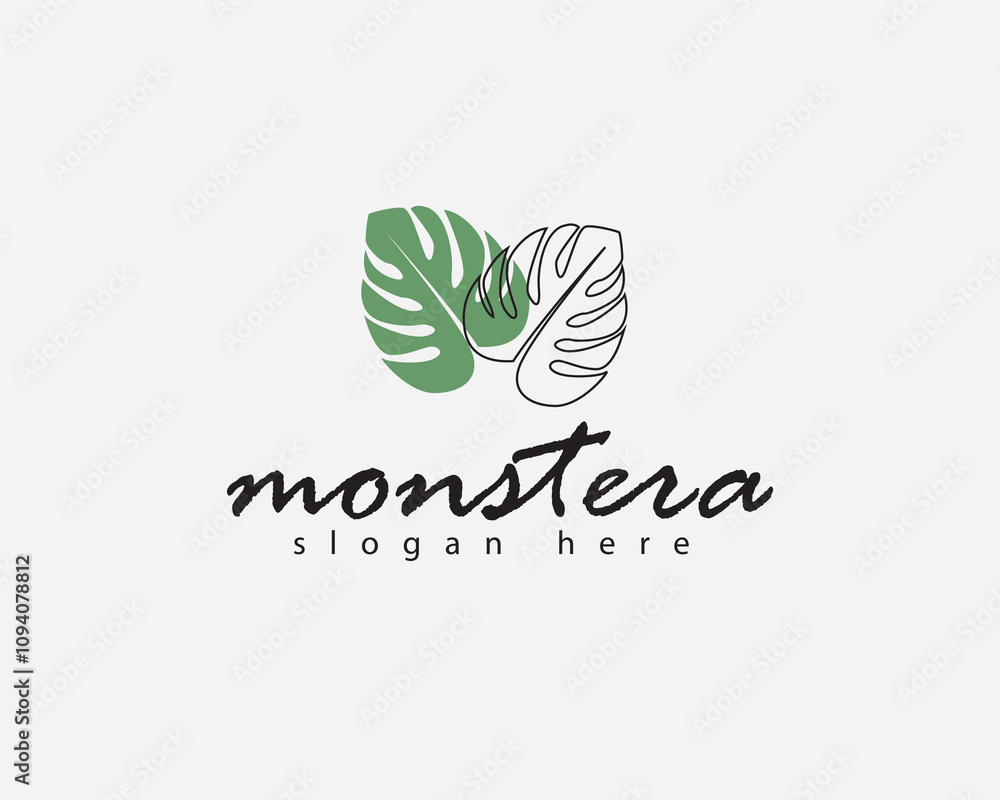 creative two monstera leaves with one striped and one green logo design creative two monstera leaves with one striped and one green logo design